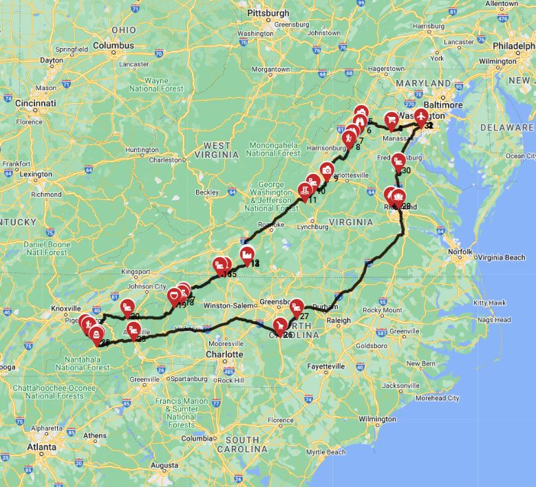 Map for Washington DC Roundtrip -Blue Ridge Highway to the Smoky Mountains